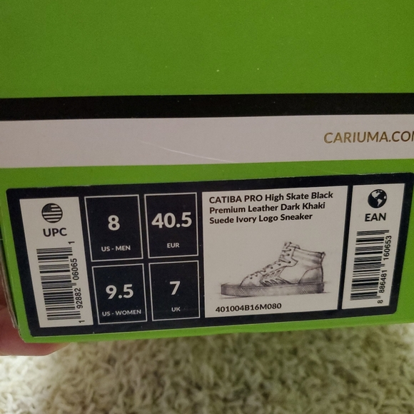 Cariuma Catiba Pro Skate High Tops W9.5 / M8, Black Premium Leather Dark Khaki - Picture 2 of 5